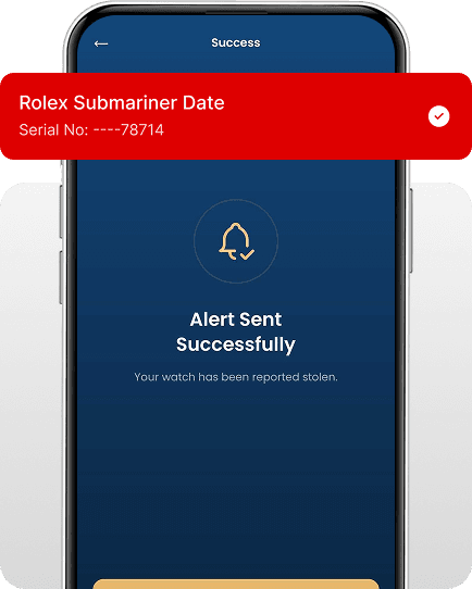 Alert Sent Successfully - Watch reported stolen on phone screen